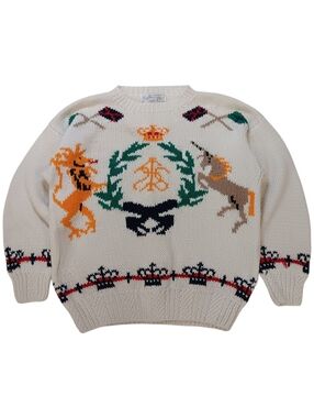 90s Melbourne Elements Crewneck Knit Sweater with Heraldic Crest - M